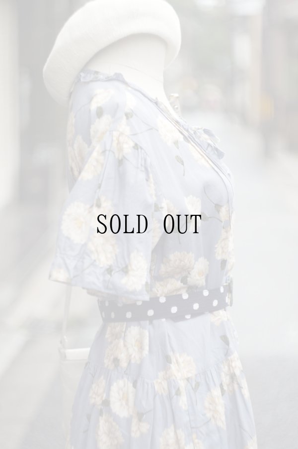 画像8: "Debarab" 花柄 ブルー系 半袖 コットン レトロワンピース ラウンドネック フリル リボン[19989]