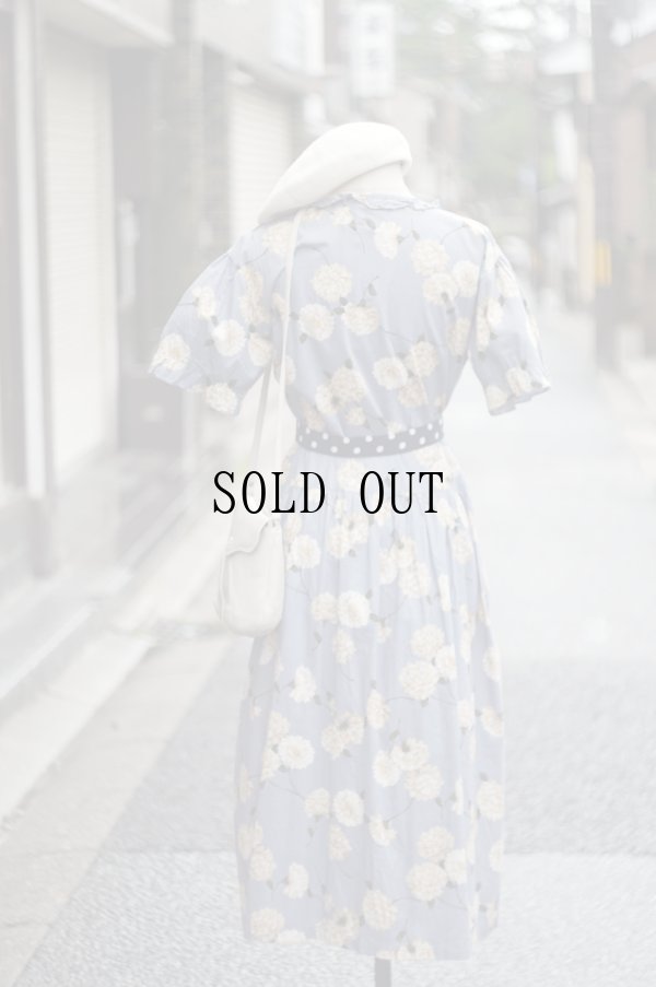 画像3: "Debarab" 花柄 ブルー系 半袖 コットン レトロワンピース ラウンドネック フリル リボン[19989]