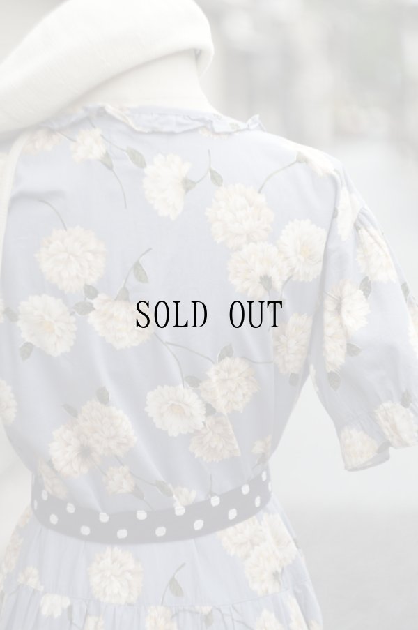 画像9: "Debarab" 花柄 ブルー系 半袖 コットン レトロワンピース ラウンドネック フリル リボン[19989]