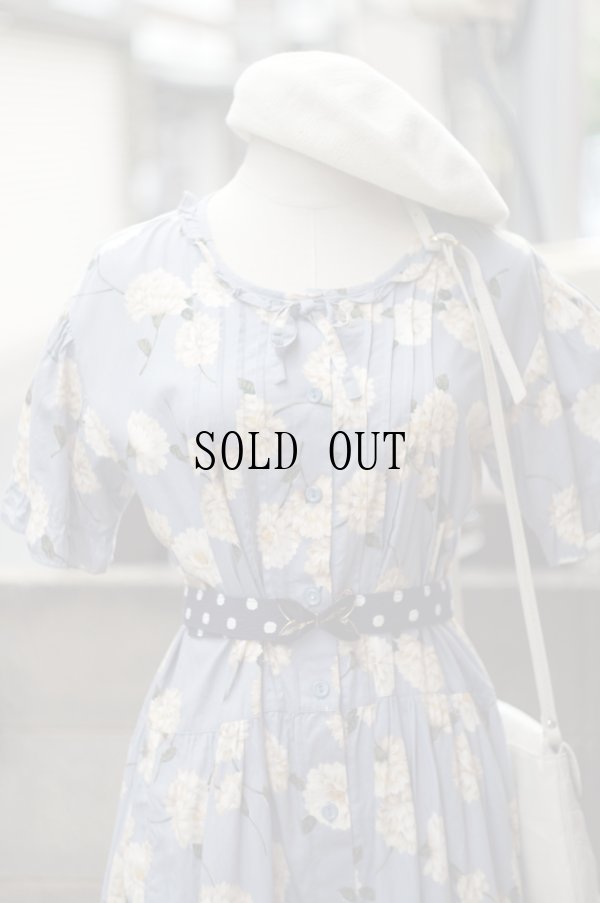 画像5: "Debarab" 花柄 ブルー系 半袖 コットン レトロワンピース ラウンドネック フリル リボン[19989]