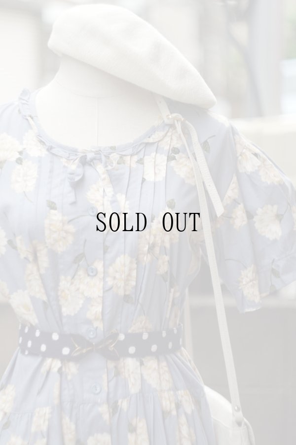 画像4: "Debarab" 花柄 ブルー系 半袖 コットン レトロワンピース ラウンドネック フリル リボン[19989]