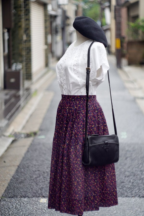 画像4: ネイビー 小花柄 フレア スカート w65cm[19998]