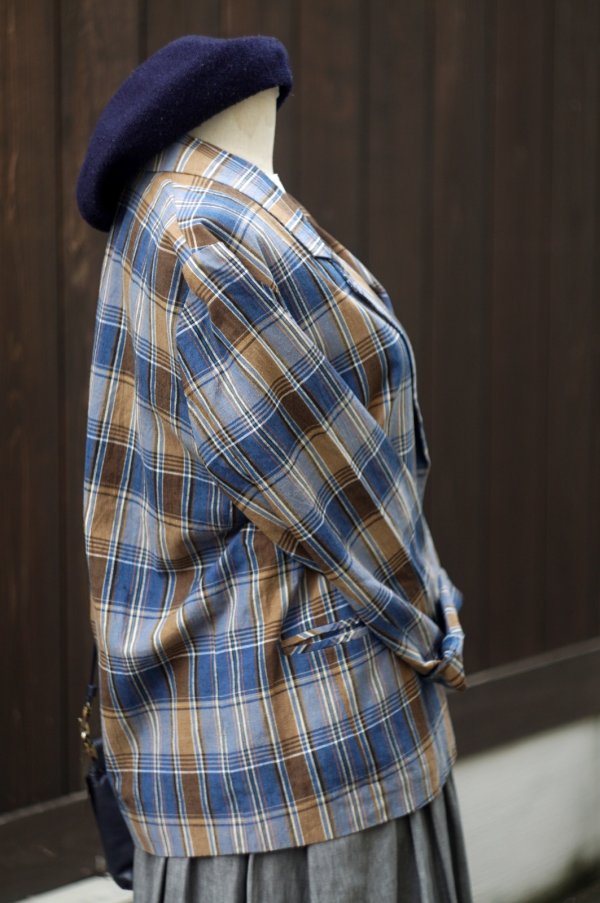 画像4: "Ladies Fashon" ブルー×ブラウン系 チェック柄 コットン リネン テーラード ジャケット[19986]