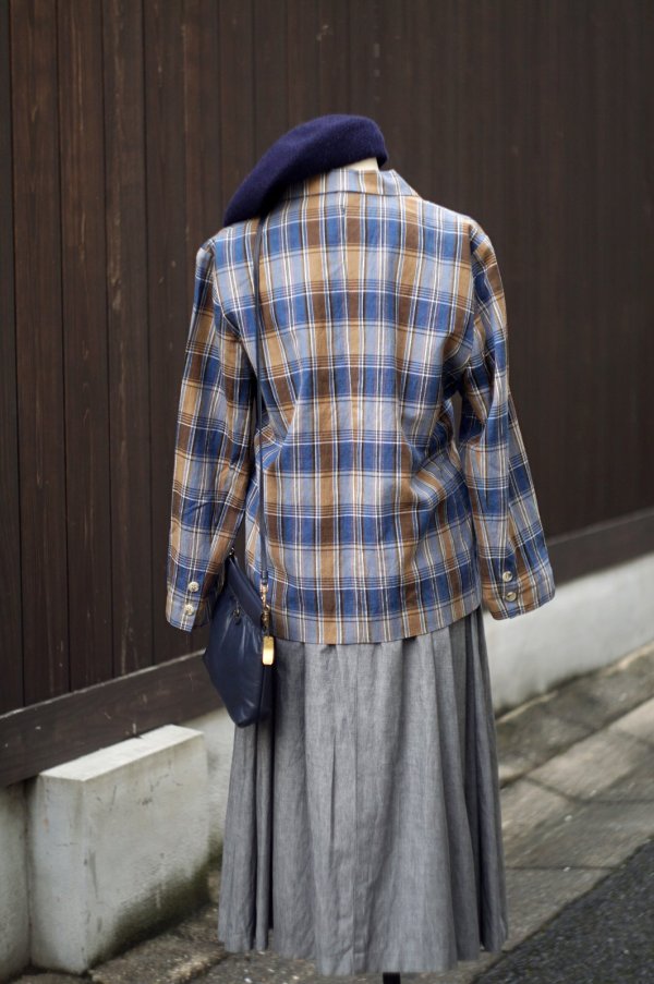 画像13: "Ladies Fashon" ブルー×ブラウン系 チェック柄 コットン リネン テーラード ジャケット[19986]