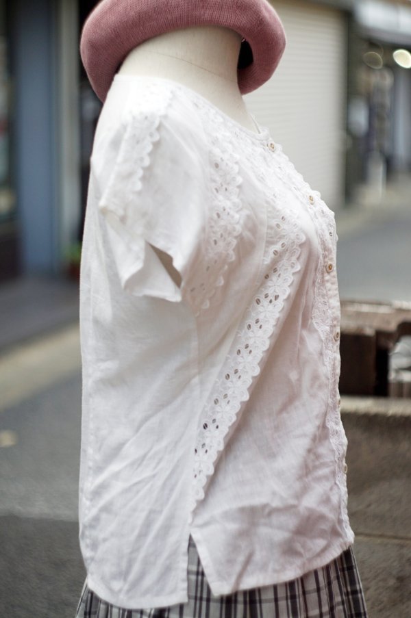 画像9: "Hana Shirakaba" 白 半袖 コットンリネン ブラウス ノーカラー レース[19994]