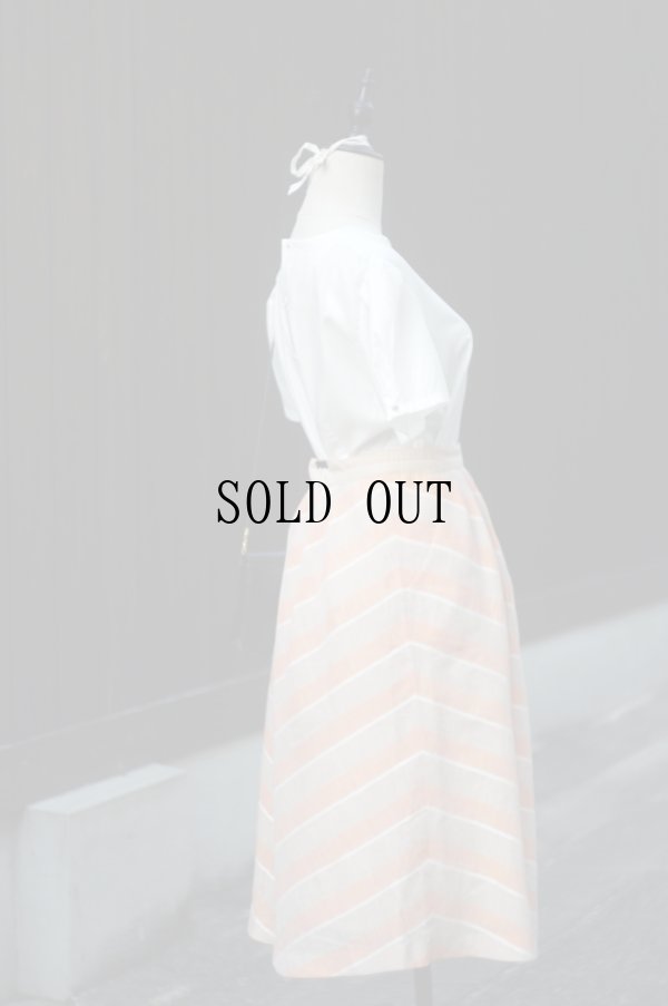 画像5: "MALION" オレンジ×ブラウン 斜めストライプ リネン混 スカート フレア w70cm[19993]