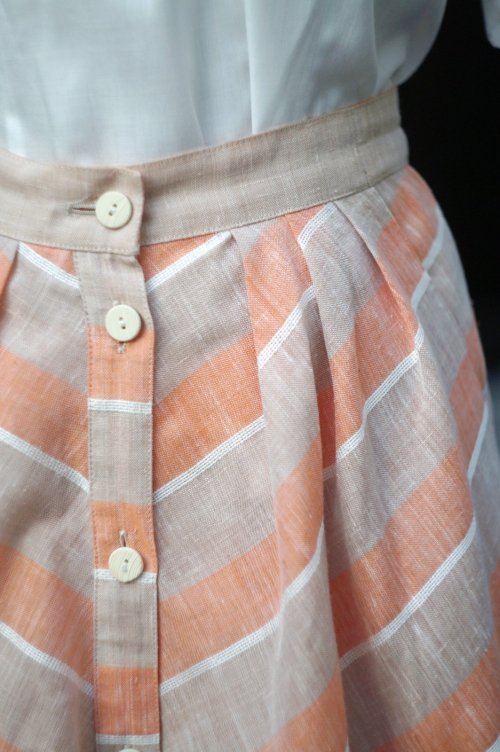 他の写真1: "MALION" オレンジ×ブラウン 斜めストライプ リネン混 スカート フレア w70cm[19993]