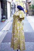 画像1: 花柄 グリーン系 半袖 レトロワンピース タイニーカラー 腰リボン[20003] (1)