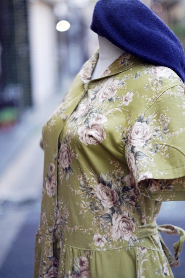 画像8: 花柄 グリーン系 半袖 レトロワンピース タイニーカラー 腰リボン[20003]