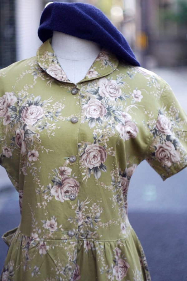 画像4: 花柄 グリーン系 半袖 レトロワンピース タイニーカラー 腰リボン[20003]
