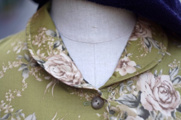 画像5: 花柄 グリーン系 半袖 レトロワンピース タイニーカラー 腰リボン[20003]