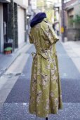 画像2: 花柄 グリーン系 半袖 レトロワンピース タイニーカラー 腰リボン[20003] (2)