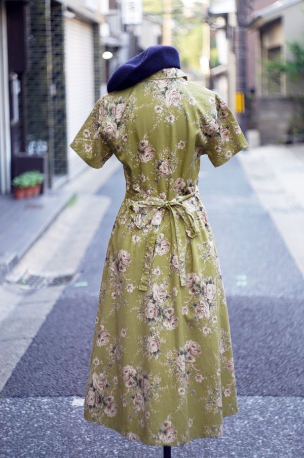 画像3: 花柄 グリーン系 半袖 レトロワンピース タイニーカラー 腰リボン[20003]