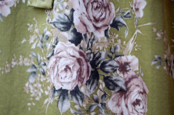 画像7: 花柄 グリーン系 半袖 レトロワンピース タイニーカラー 腰リボン[20003]