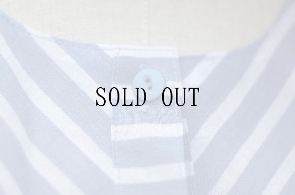 画像5: "Avenir" ブルー×白  ストライプ柄  半袖 レトロワンピース ノーカラー パフスリーブ [20006]