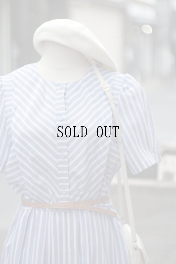 画像4: "Avenir" ブルー×白  ストライプ柄  半袖 レトロワンピース ノーカラー パフスリーブ [20006]