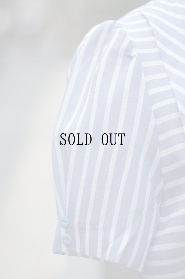 画像8: "Avenir" ブルー×白  ストライプ柄  半袖 レトロワンピース ノーカラー パフスリーブ [20006]