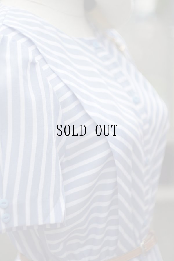 画像6: "Avenir" ブルー×白  ストライプ柄  半袖 レトロワンピース ノーカラー パフスリーブ [20006]