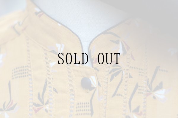 画像6: "Seine" イエロー系 リーフ柄 半袖 ワンピース マオカラー[20005]