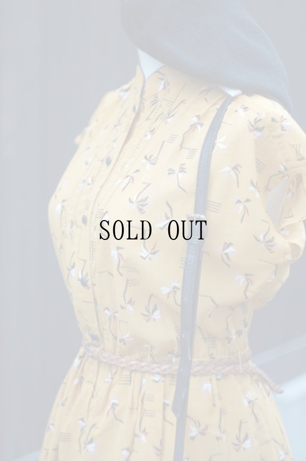 画像8: "Seine" イエロー系 リーフ柄 半袖 ワンピース マオカラー[20005]