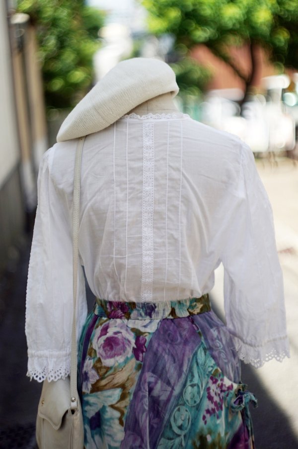 画像6: "Lady Bee" コットン 無地 白 七分袖 ブラウス ノーカラー レース [20017]