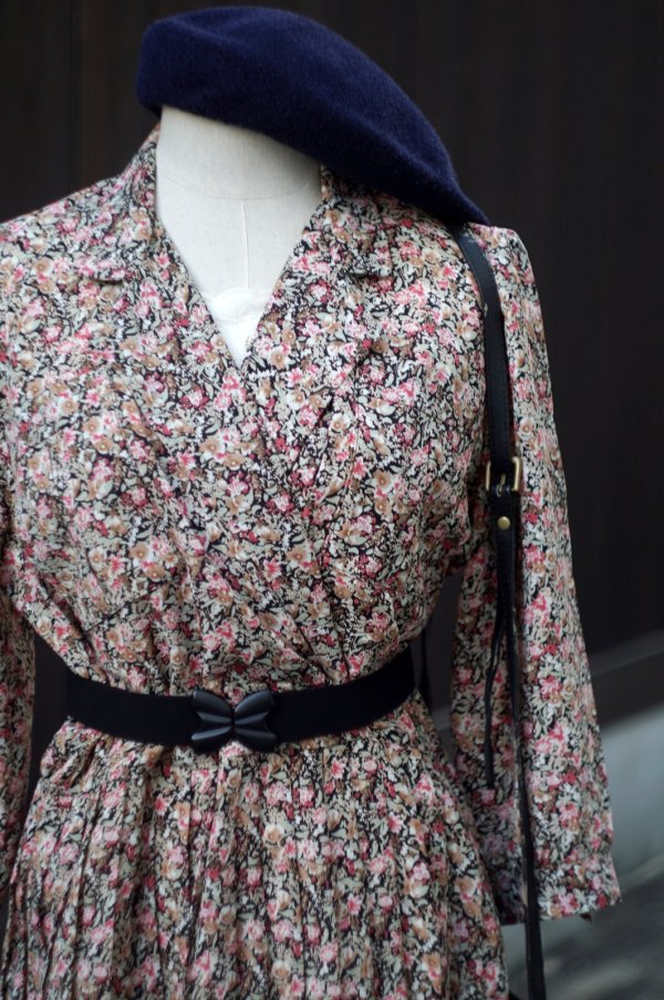 画像7: "Breli originals" US製 黒 ピンク系 花柄 七分袖 レトロワンピース カシュクール [20027]