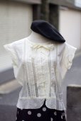 画像1: Hokin Blouses” 無地 コットン アイボリー  フレンチスリーブ ブラウス ラウンドネック リボン レース ペプラム[20031] (1)