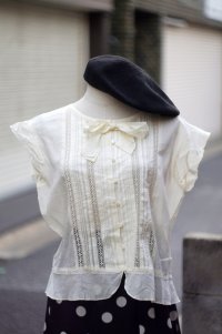 Hokin Blouses” 無地 コットン アイボリー  フレンチスリーブ ブラウス ラウンドネック リボン レース ペプラム[20031]