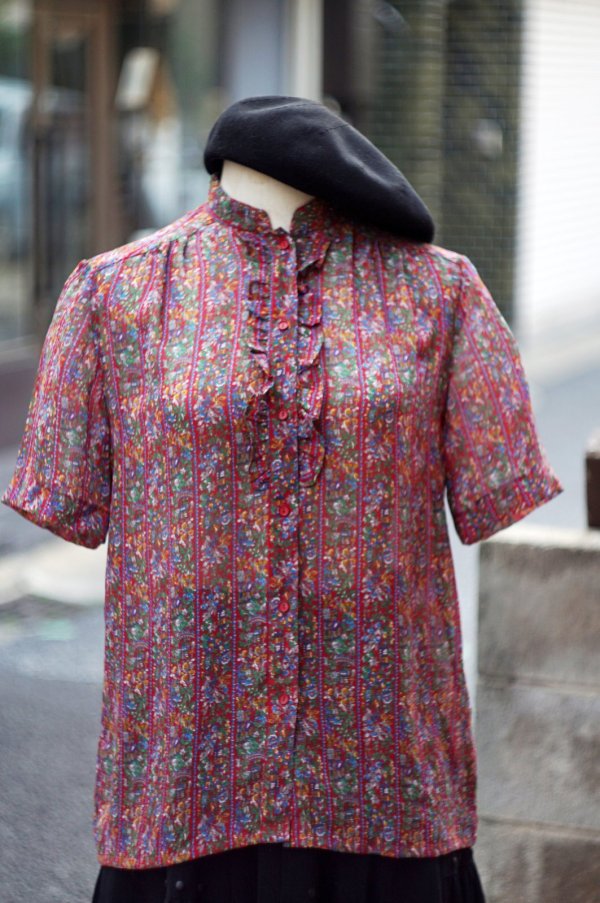 画像10: "Lurical" レッド系 花柄 半袖  ブラウス スタンドカラー フリル [20035]