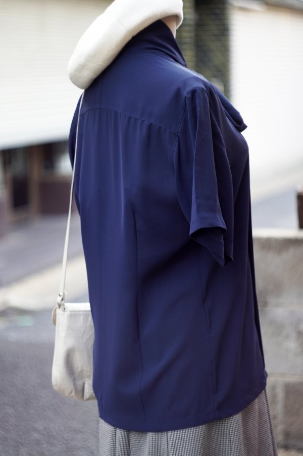 画像7: "PRIMARY" ネイビー 半袖 ブラウス ボウタイカラー 比翼[20044]