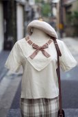 画像1: "JOSE PHANNE" カーキベージュ系 無地 コットン リネン 半袖 ブラウス ラウンドネック リボン  後ろボタン [20056] (1)