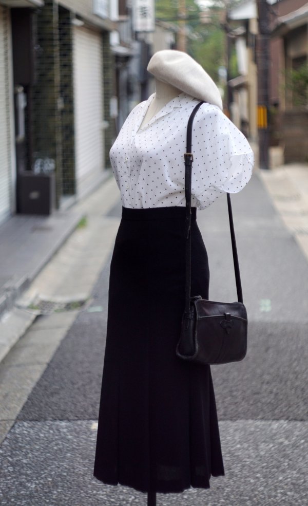 画像8: "ellesaison" 白×黒  ドット柄 半袖  ブラウス オープンカラー  [20059]