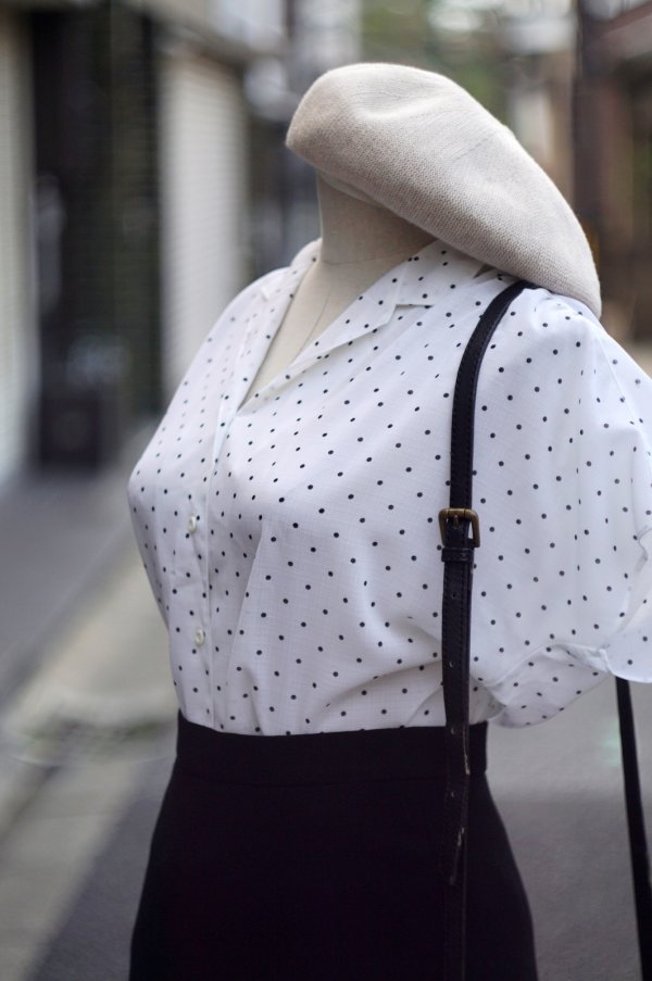 画像3: "ellesaison" 白×黒  ドット柄 半袖  ブラウス オープンカラー  [20059]