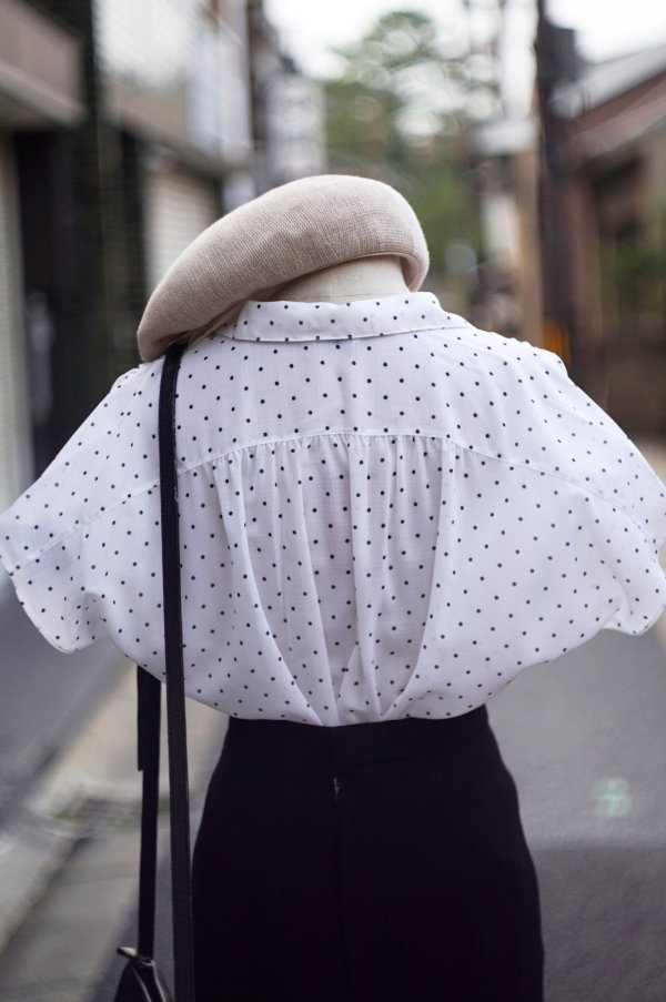 画像6: "ellesaison" 白×黒  ドット柄 半袖  ブラウス オープンカラー  [20059]