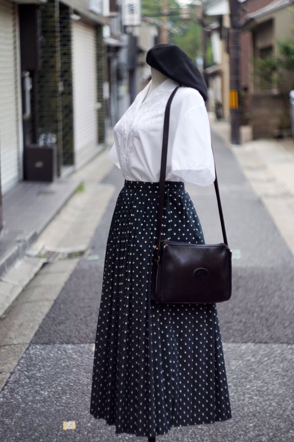 画像4: ”405”ドット柄 緑×白 スカート フレア プリーツ w61cm[20063]