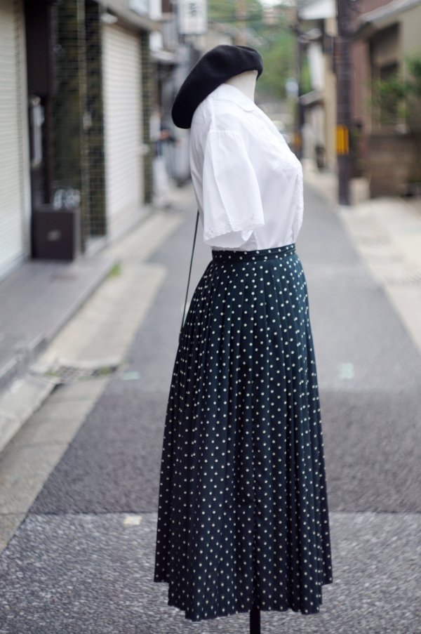 画像5: ”405”ドット柄 緑×白 スカート フレア プリーツ w61cm[20063]