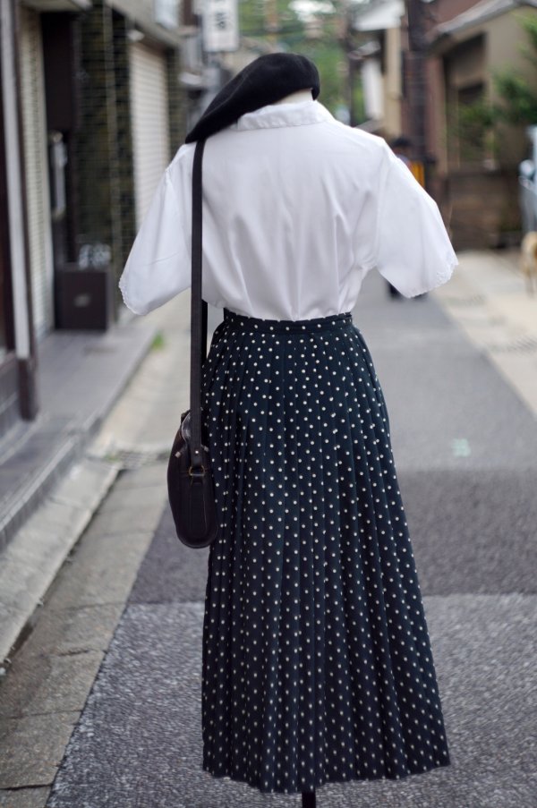 画像6: ”405”ドット柄 緑×白 スカート フレア プリーツ w61cm[20063]