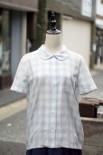 画像7: "mesurable" ブルー系 チェック柄 半袖 ブラウス 丸襟[20074]