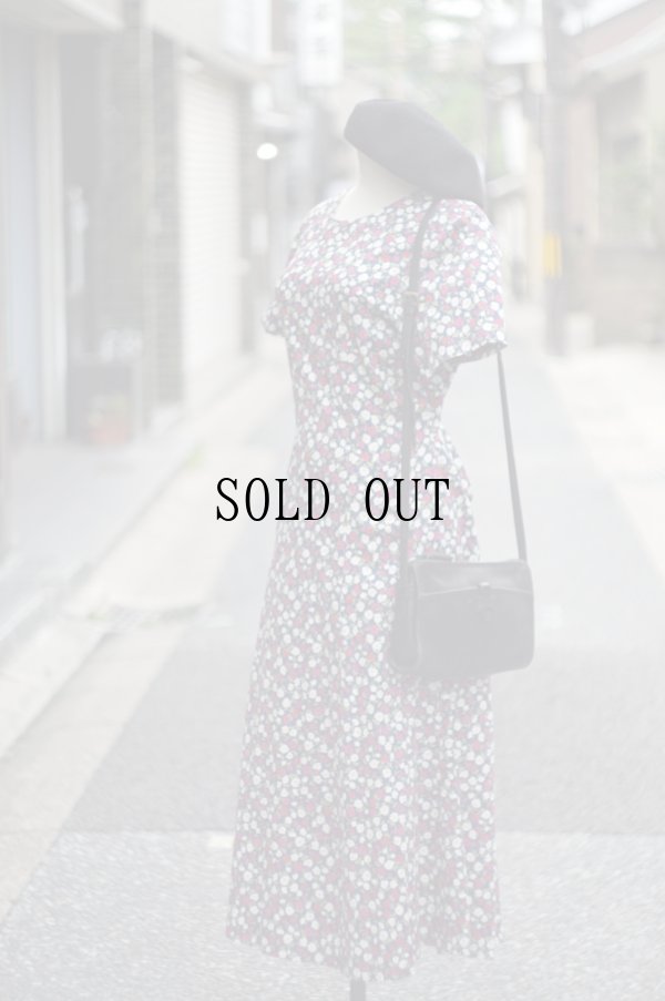 画像1: 花柄 ネイビー系 半袖 レトロワンピース ラウンドネック 腰リボン[20119]