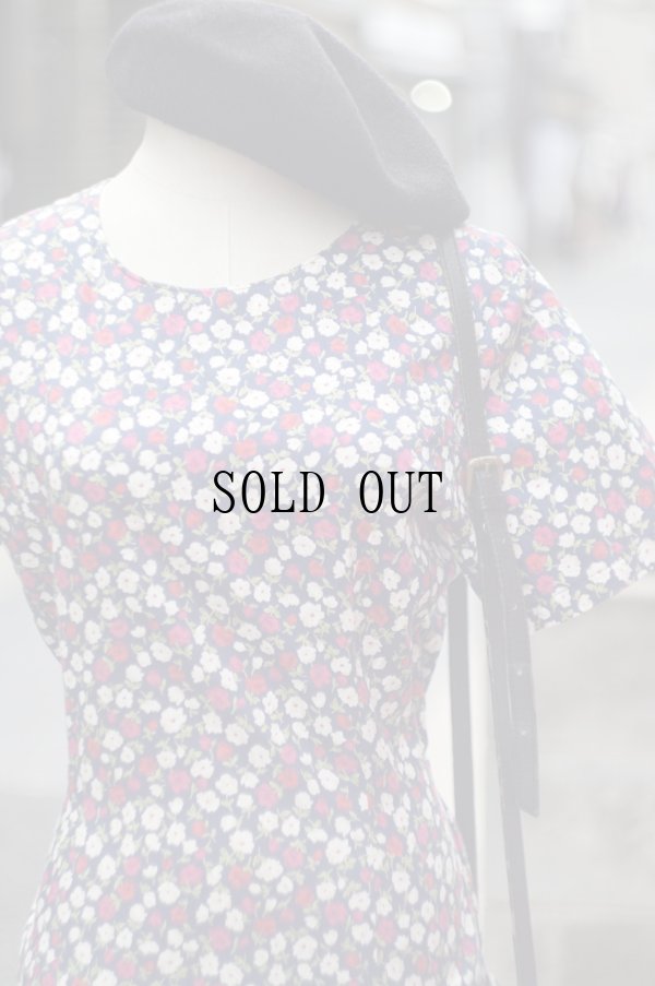 画像4: 花柄 ネイビー系 半袖 レトロワンピース ラウンドネック 腰リボン[20119]