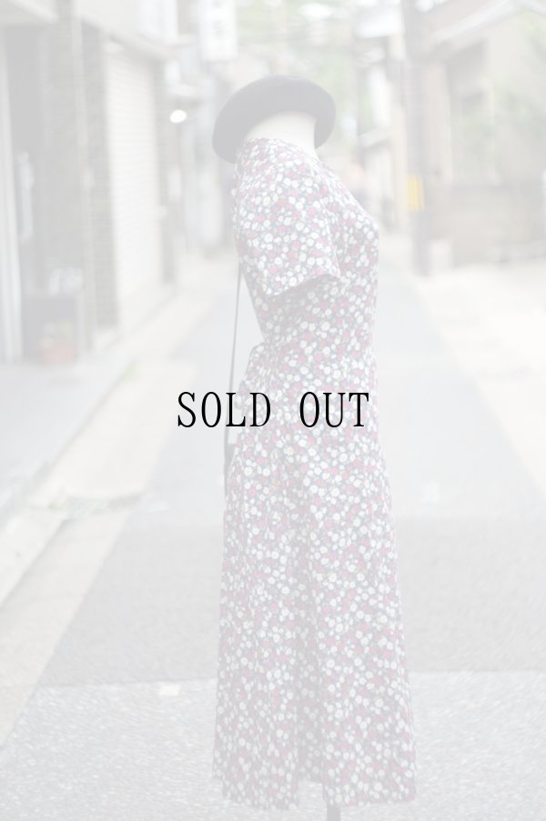 画像2: 花柄 ネイビー系 半袖 レトロワンピース ラウンドネック 腰リボン[20119]