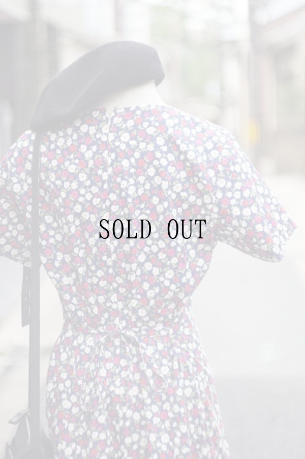 画像6: 花柄 ネイビー系 半袖 レトロワンピース ラウンドネック 腰リボン[20119]