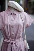 画像5: "Mademoiselle NON NON" 無地 ピンク系 コットン リネン 半袖 レトロワンピース レギュラーカラー 腰リボン くるみボタン[20120]