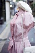 画像7: "Mademoiselle NON NON" 無地 ピンク系 コットン リネン 半袖 レトロワンピース レギュラーカラー 腰リボン くるみボタン[20120]
