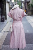 画像4: "Mademoiselle NON NON" 無地 ピンク系 コットン リネン 半袖 レトロワンピース レギュラーカラー 腰リボン くるみボタン[20120]