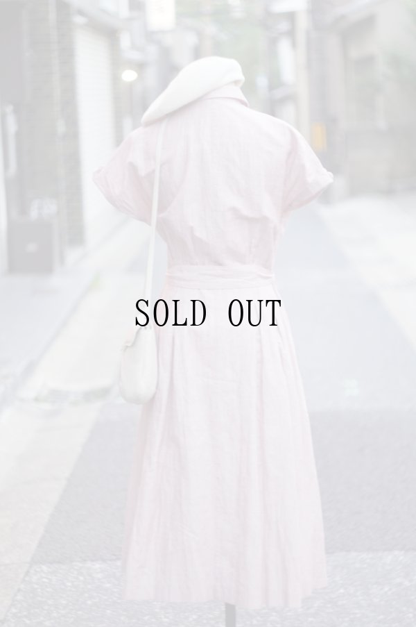 画像4: "Mademoiselle NON NON" 無地 ピンク系 コットン リネン 半袖 レトロワンピース レギュラーカラー 腰リボン くるみボタン[20120]