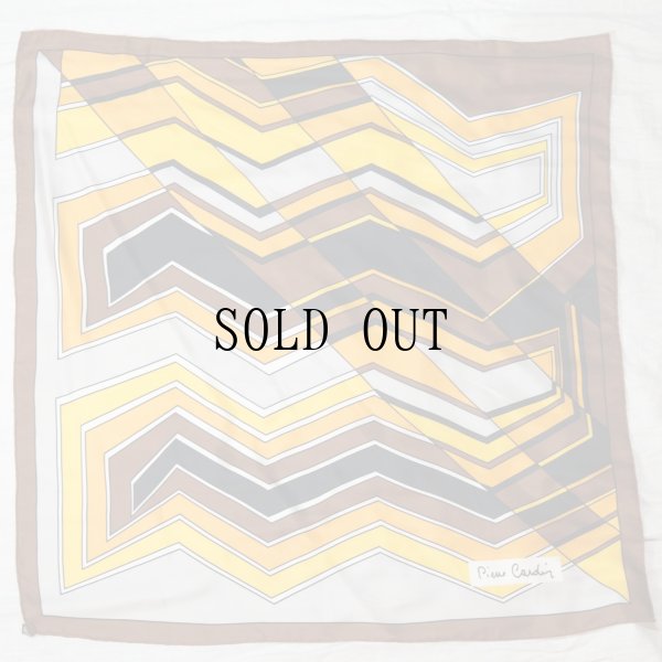 画像1: "pierre cardin ピエールカルダン" ブラウン系 ジグザグ柄 シルク スカーフ 79cm×79cm[20087]