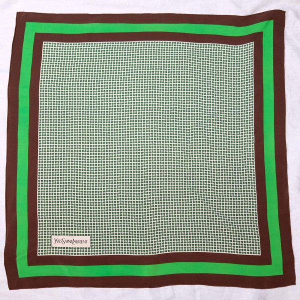画像1: "Yves Saint Laurent イヴサンローラン" ブラウン グリーン系 ドット風柄 シルク スカーフ 76cm×76cm[20097]