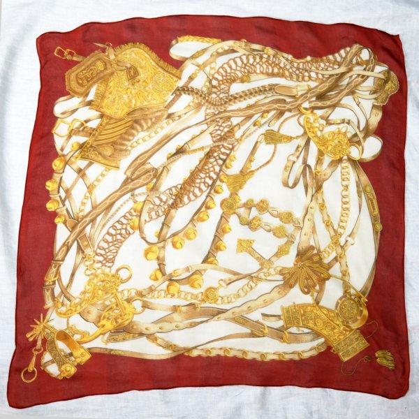 画像1: 赤系 装飾柄 シルク スカーフ 85cm×858cm[20098]