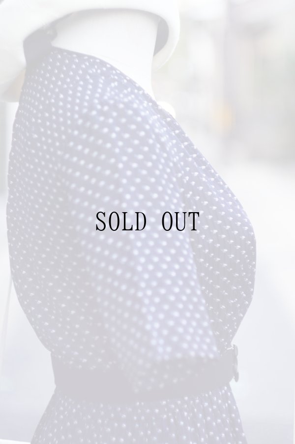 画像7: ”ONWARD”  小花柄 濃ネイビー系 半袖 レトロワンピース ラウンドネック プリーツ ウエストゴム[20116]